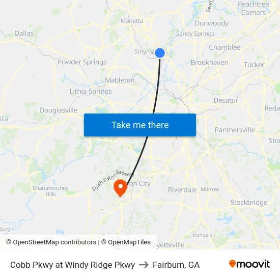 Cobb Pkwy at Windy Ridge Pkwy to Fairburn, GA map