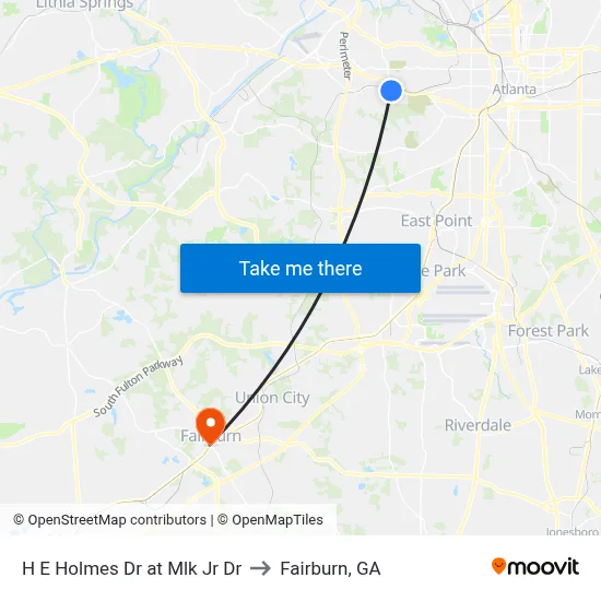 H E Holmes Dr at Mlk Jr Dr to Fairburn, GA map