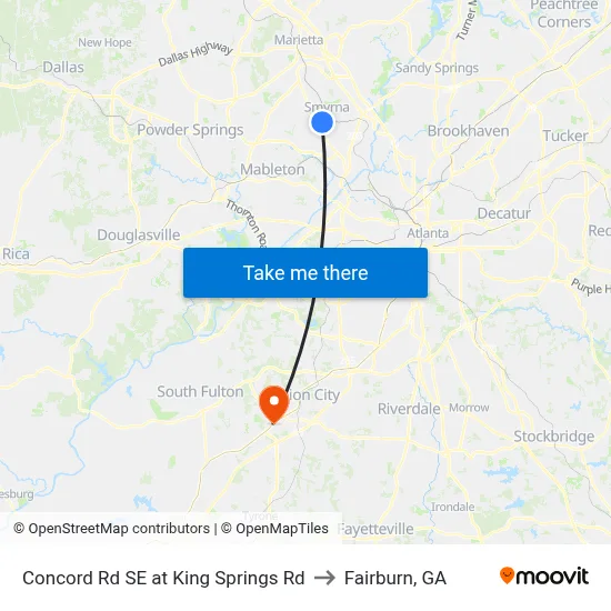 Concord Rd SE at King Springs Rd to Fairburn, GA map