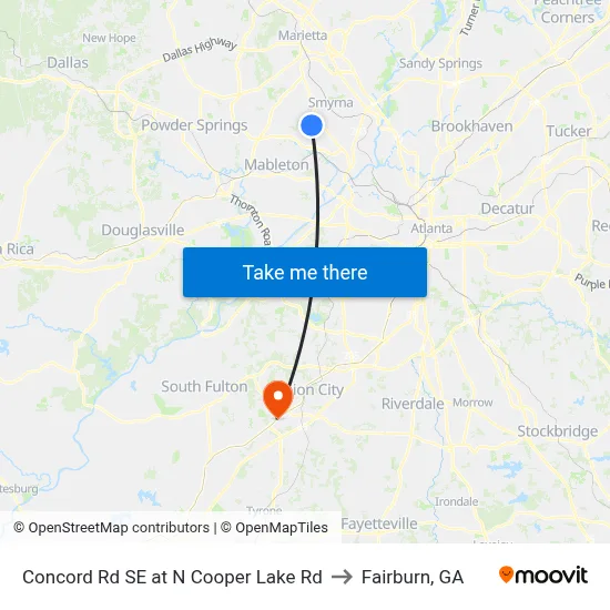 Concord Rd SE at N Cooper Lake Rd to Fairburn, GA map