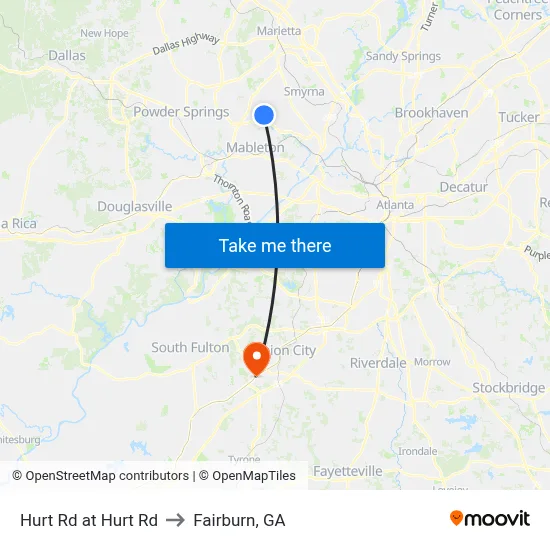Hurt Rd at Hurt Rd to Fairburn, GA map