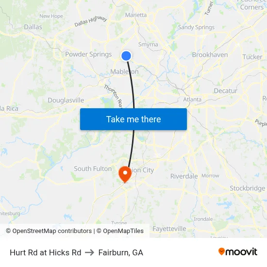 Hurt Rd at Hicks Rd to Fairburn, GA map