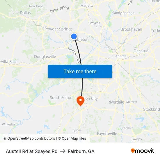 Austell Rd at Seayes Rd to Fairburn, GA map