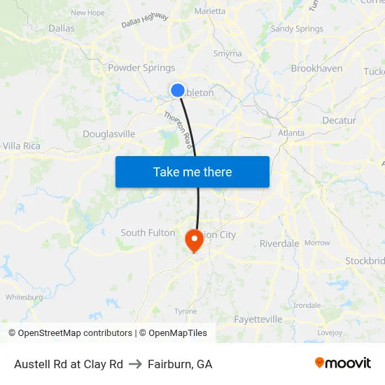 Austell Rd at Clay Rd to Fairburn, GA map