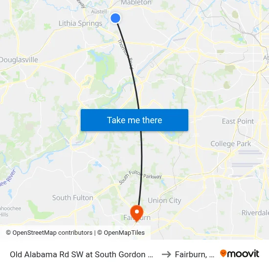 Old Alabama Rd SW at South Gordon Rd SW to Fairburn, GA map
