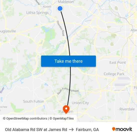 Old Alabama Rd SW at James Rd to Fairburn, GA map