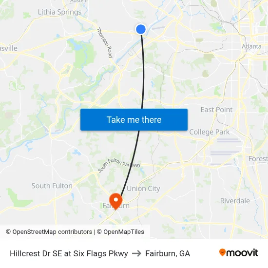 Hillcrest Dr SE at Six Flags Pkwy to Fairburn, GA map