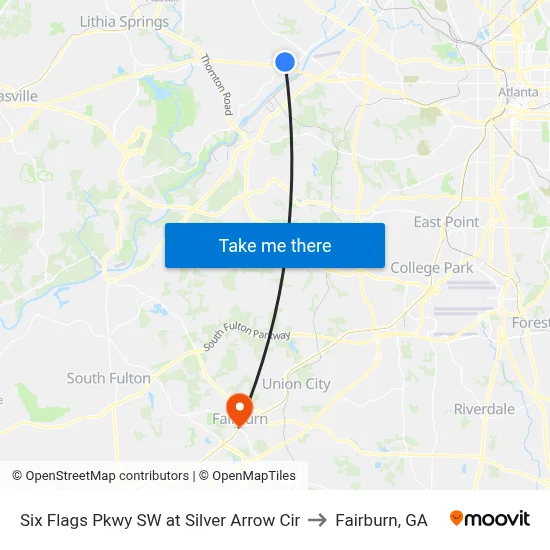 Six Flags Pkwy SW at Silver Arrow Cir to Fairburn, GA map