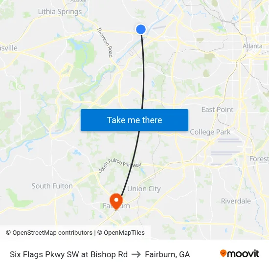 Six Flags Pkwy SW at Bishop Rd to Fairburn, GA map