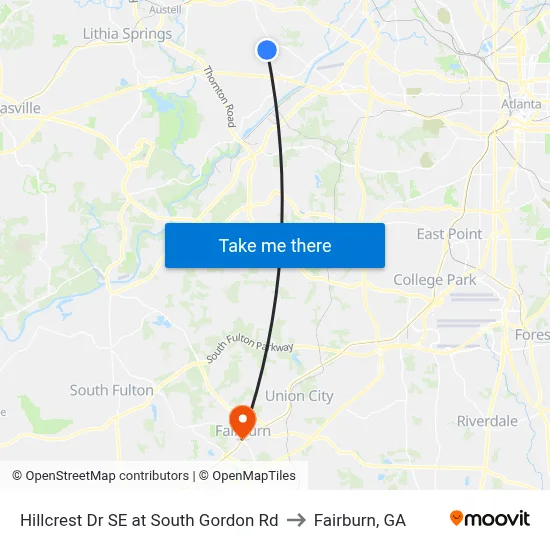 Hillcrest Dr SE at South Gordon Rd to Fairburn, GA map
