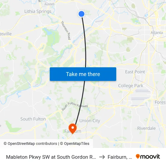 Mableton Pkwy SW at South Gordon Rd SW to Fairburn, GA map