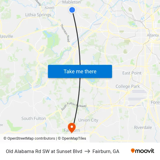 Old Alabama Rd SW at Sunset Blvd to Fairburn, GA map