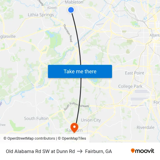 Old Alabama Rd SW at Dunn Rd to Fairburn, GA map