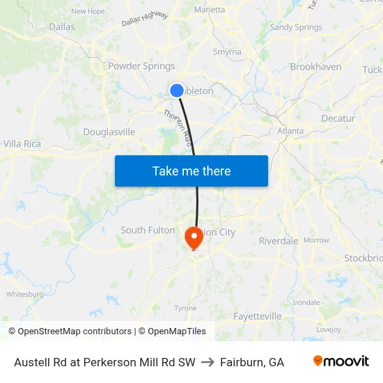 Austell Rd at Perkerson Mill Rd SW to Fairburn, GA map