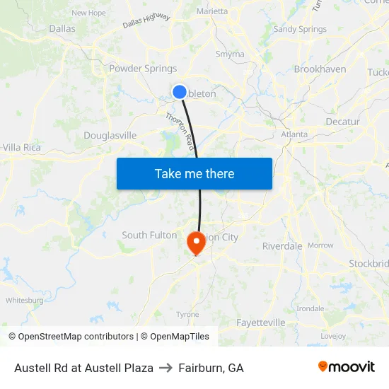 Austell Rd at Austell Plaza to Fairburn, GA map