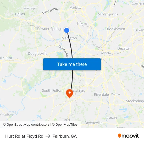 Hurt Rd at Floyd Rd to Fairburn, GA map