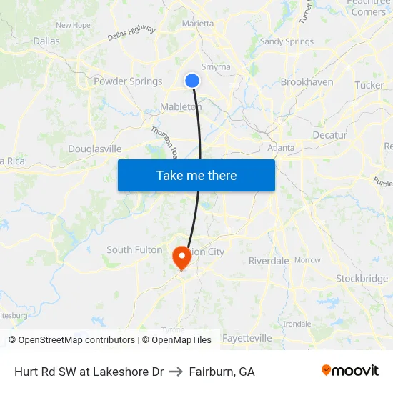 Hurt Rd SW at Lakeshore Dr to Fairburn, GA map