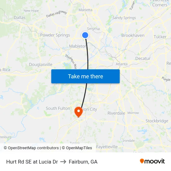 Hurt Rd SE at Lucia Dr to Fairburn, GA map