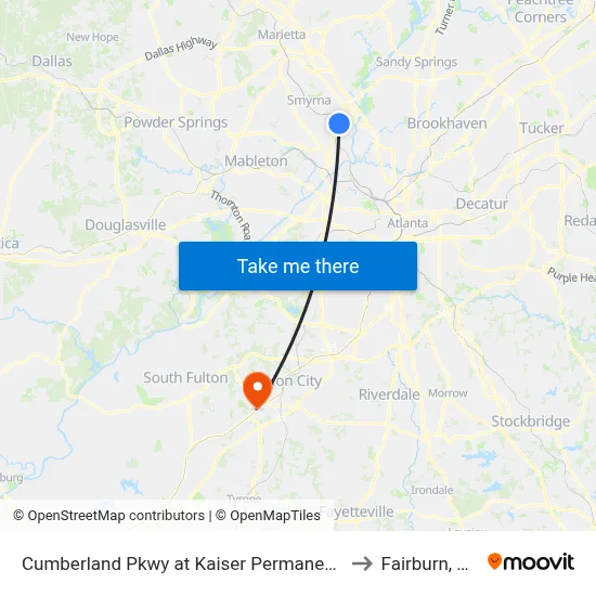 Cumberland Pkwy at Kaiser Permanente to Fairburn, GA map