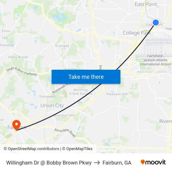 Willingham Dr @ Bobby Brown Pkwy to Fairburn, GA map