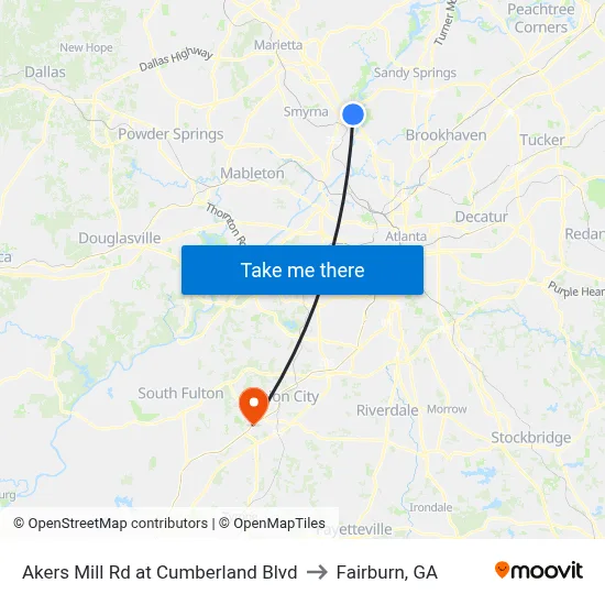 Akers Mill Rd at Cumberland Blvd to Fairburn, GA map