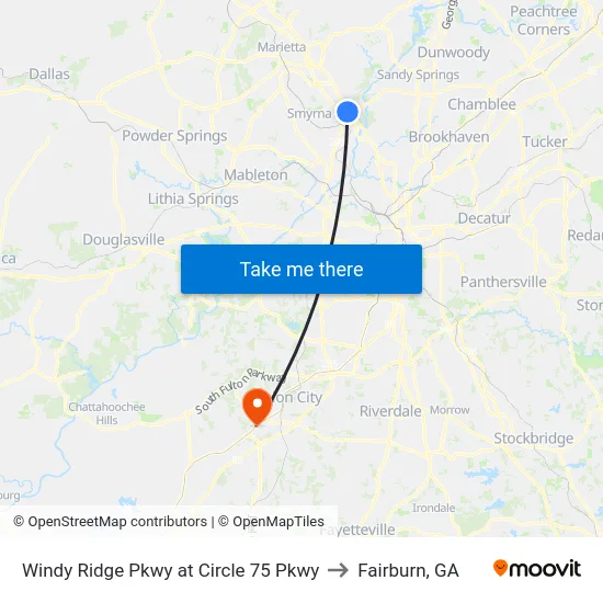 Windy Ridge Pkwy at Circle 75 Pkwy to Fairburn, GA map