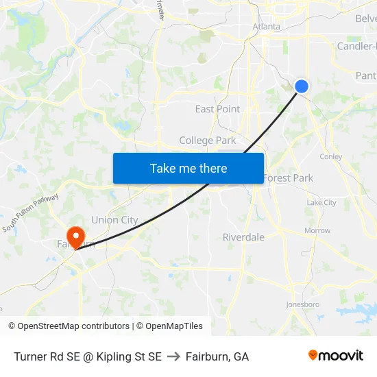 Turner Rd SE @ Kipling St SE to Fairburn, GA map