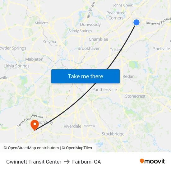 Gwinnett Transit Center to Fairburn, GA map