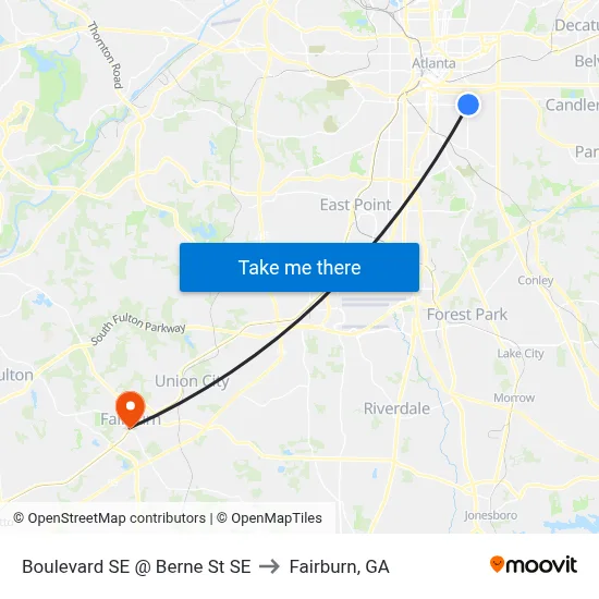 Boulevard SE @ Berne St SE to Fairburn, GA map