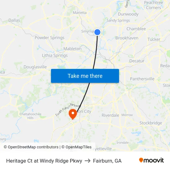 Heritage Ct at Windy Ridge Pkwy to Fairburn, GA map