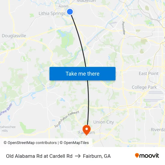 Old Alabama Rd at Cardell Rd to Fairburn, GA map