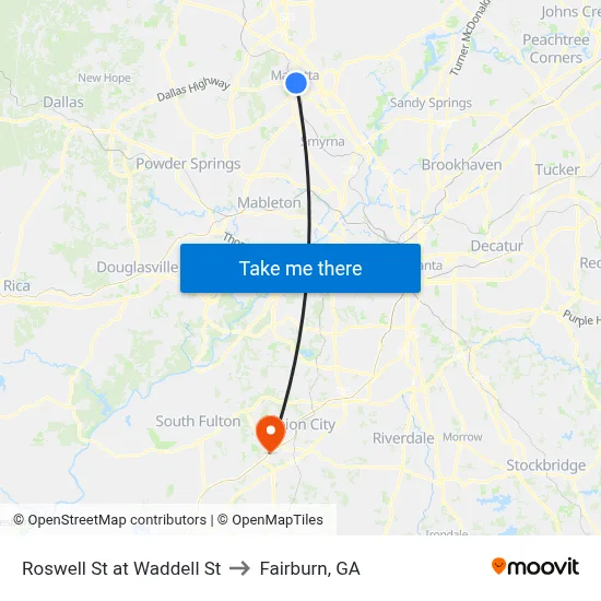 Roswell St at Waddell St to Fairburn, GA map