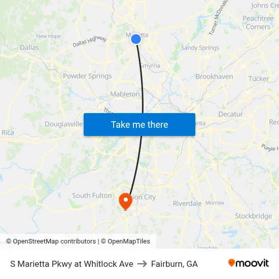 S Marietta Pkwy at Whitlock Ave to Fairburn, GA map