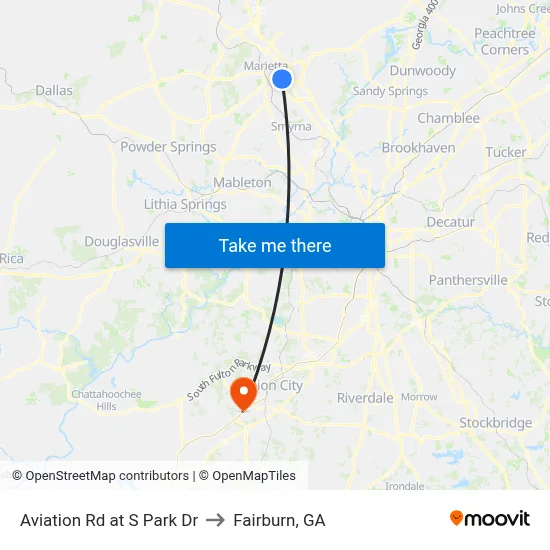 Aviation Rd at S Park Dr to Fairburn, GA map
