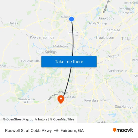 Roswell St at Cobb Pkwy to Fairburn, GA map