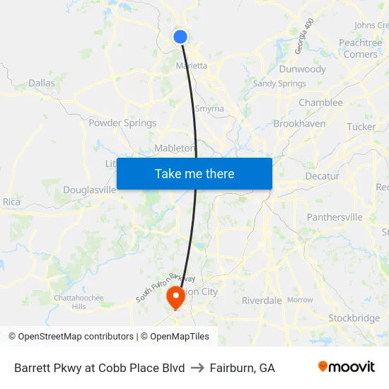 Barrett Pkwy at Cobb Place Blvd to Fairburn, GA map