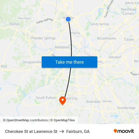Cherokee St at Lawrence St to Fairburn, GA map