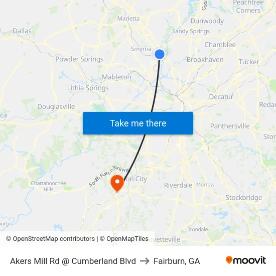Akers Mill Rd @ Cumberland Blvd to Fairburn, GA map