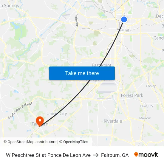 W Peachtree St at Ponce De Leon Ave to Fairburn, GA map