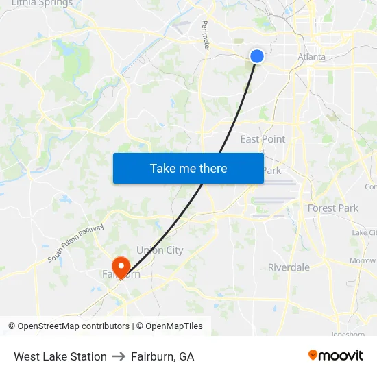 West Lake Station to Fairburn, GA map