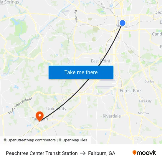 Peachtree Center Transit Station to Fairburn, GA map