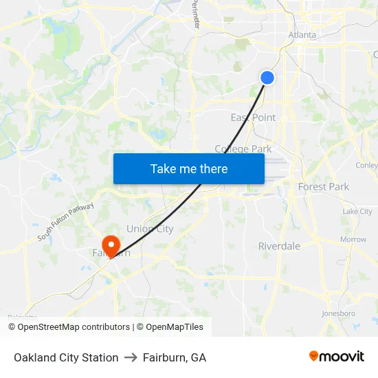 Oakland City Station to Fairburn, GA map