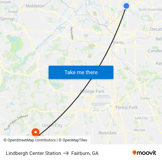 Lindbergh Center Station to Fairburn, GA map