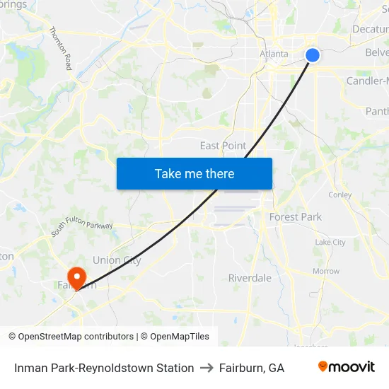 Inman Park-Reynoldstown Station to Fairburn, GA map