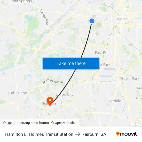 Hamilton E. Holmes Transit Station to Fairburn, GA map