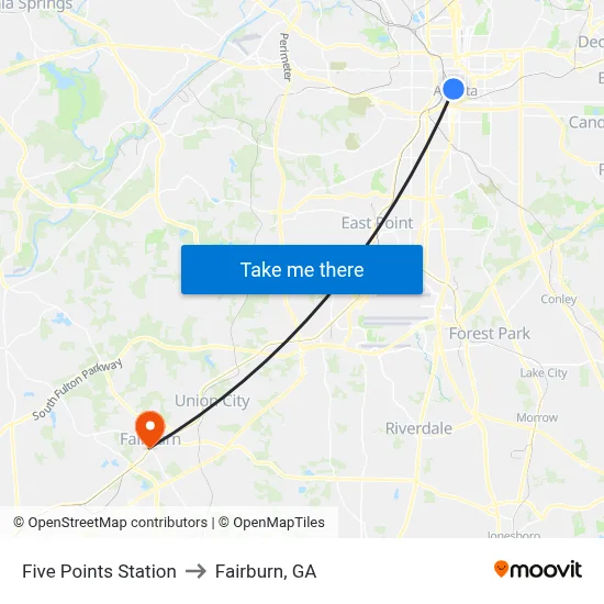 Five Points Station to Fairburn, GA map