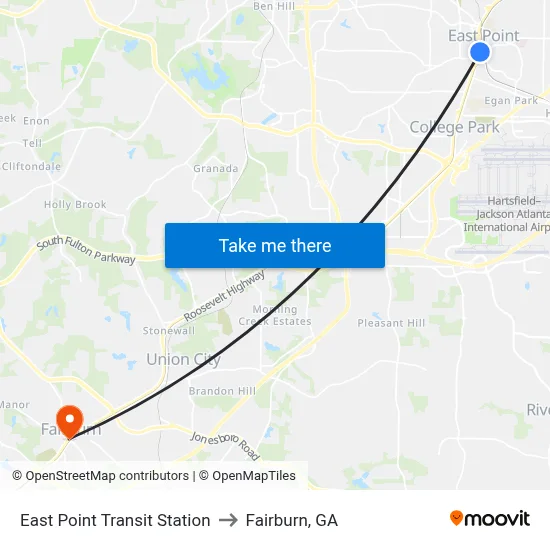 East Point Transit Station to Fairburn, GA map