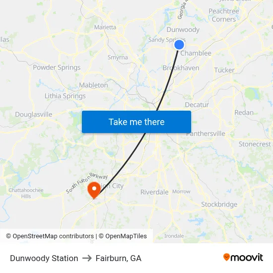 Dunwoody Station to Fairburn, GA map