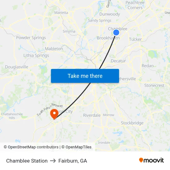 Chamblee Station to Fairburn, GA map