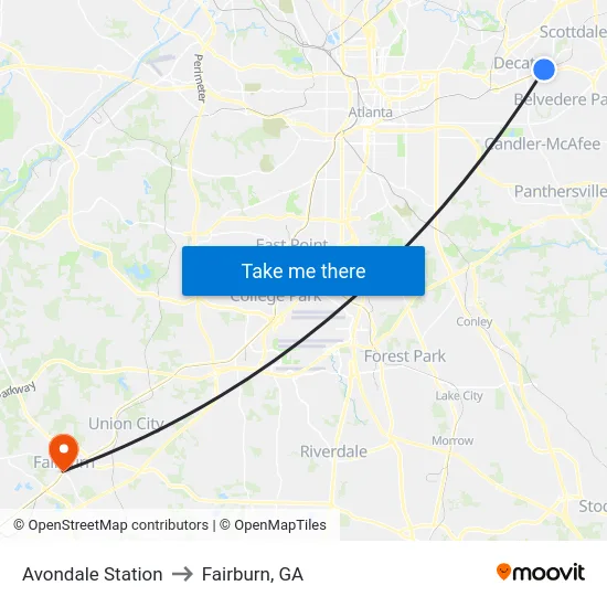 Avondale Station to Fairburn, GA map